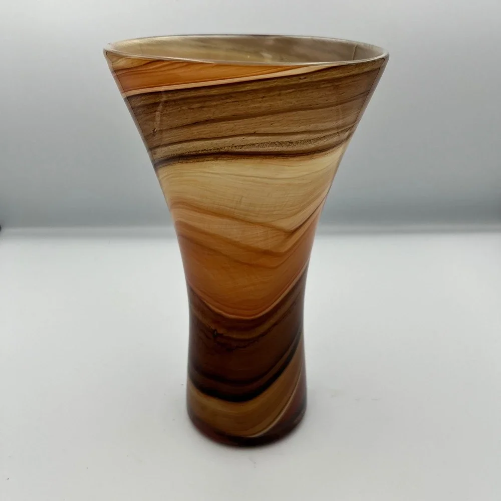 Art Glass Vase Brown Tan Orange Swirl Design‎ Home Decor Centerpiece Gift